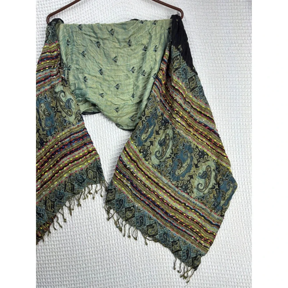 Boho Womens Unbranded Paisley Sequin Fringe Wrap Scarf OS Green Multicolored